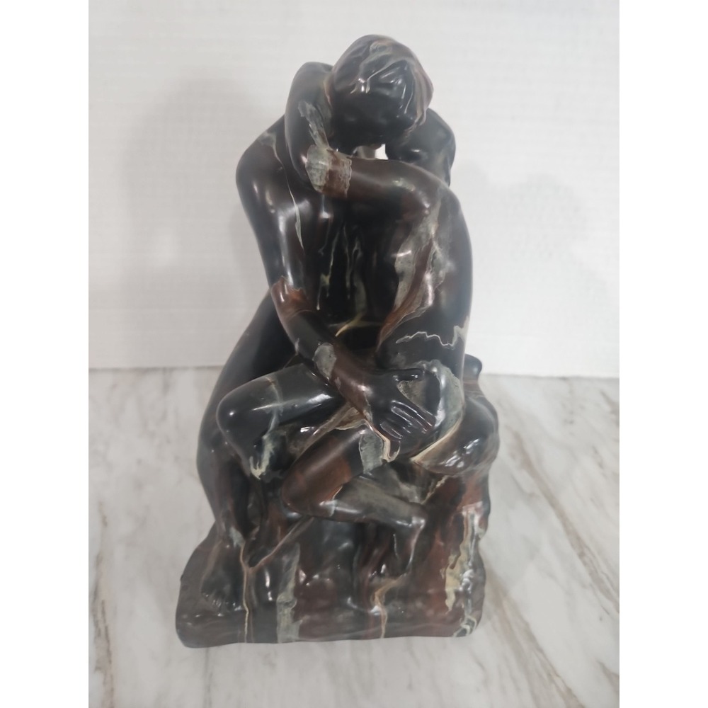 The Kiss by Auguste Rodin 10" Sculpture Statue Ceramic Marbled Look Brown Accent